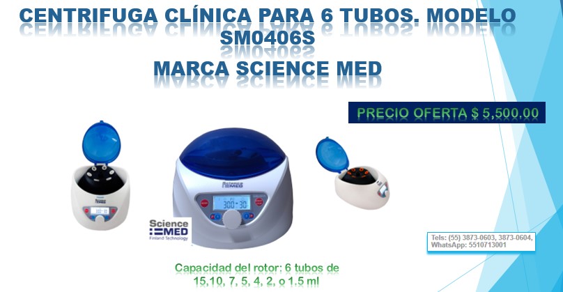 CENTRIFUGA CLÍNICA PARA 6 TUBOS. MODELO SM0406S Capacidad del rotor: 6 tubos de 15, 10, 7, 5, 4, 2, o 1.5 mL