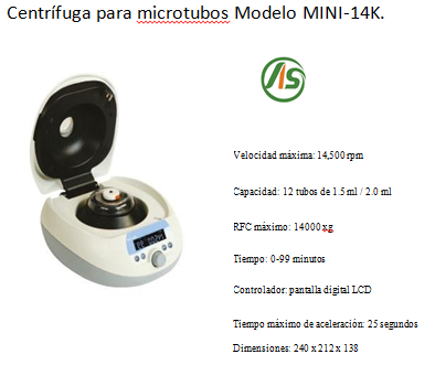 Centrífuga para microtubos. Capacidad: 12 tubos de 1.5 ml / 2.0 ml. Velocidad máxima: 14,500 rpm. Tiempo: 0-99 minutos. Controlador: pantalla digita